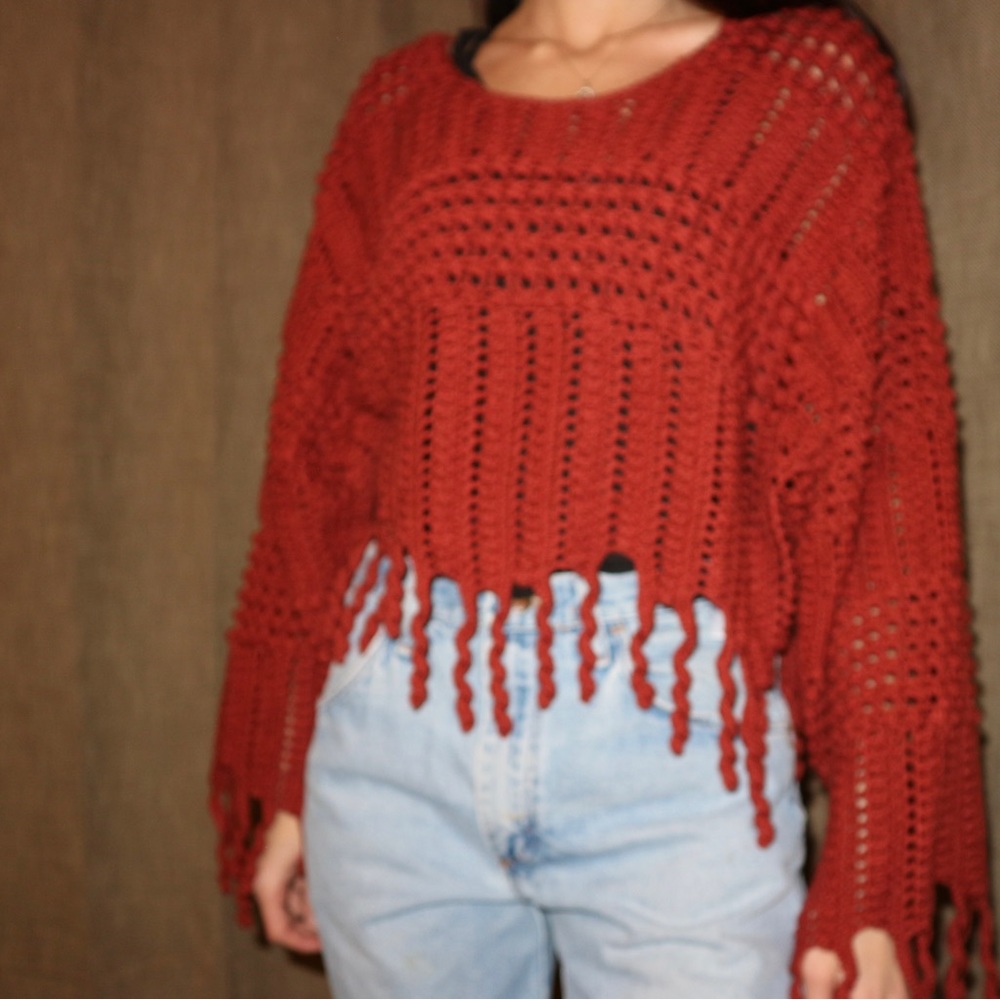 Boho fringe knit crochet blouse. Red size M